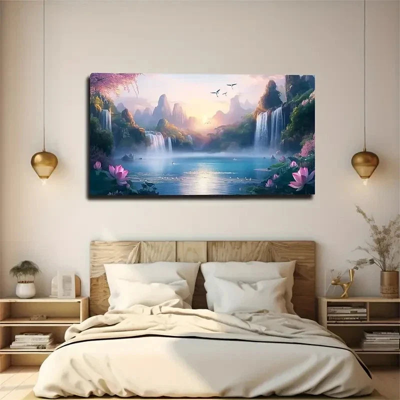 Waterfall & Blooming Flowers Wall Art Canvas Office Home Room Framed 120x60cm