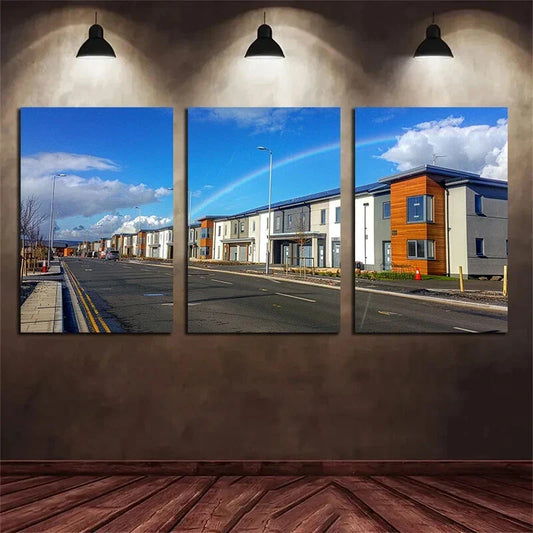 3pcs Modern House Front Rainbow Metal Print Ready to Hang Art