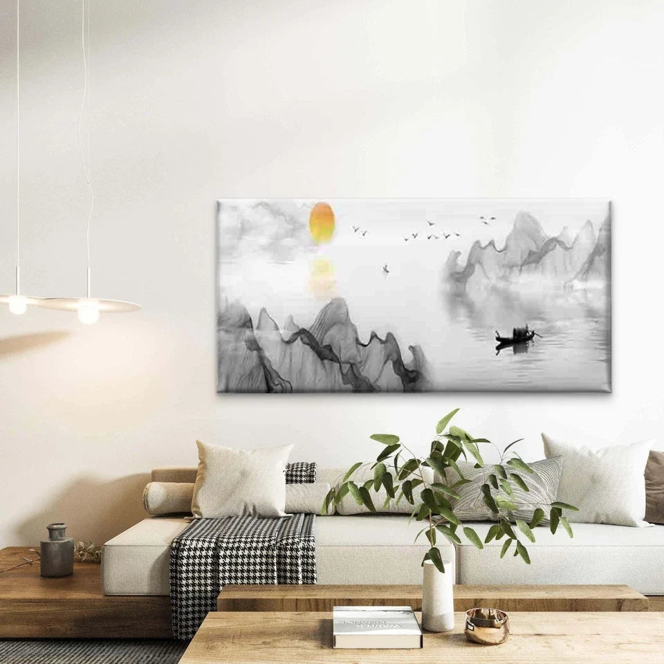 Black and White Mountain Lake Wall Art Canvas Office Home Room Framed 120x60cm