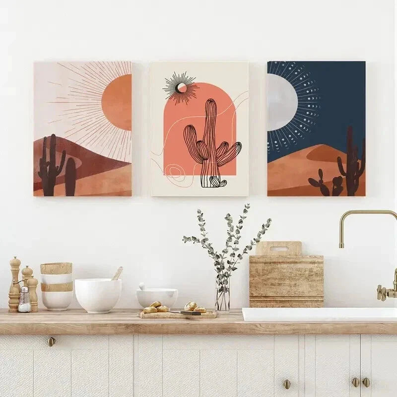3pcs Desert Sunset Cacti & Sun Decor Wall Art Set Canvas Framed 40x60cm - High Quality Print 100% Australian Made Wall Canvas Ready to Hang