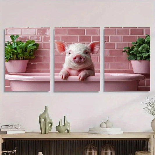 3pcs Adorable Pink Cute Playful Pig Metal Print Ready to Hang Art