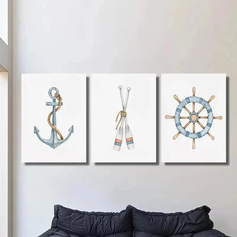 3pcs Sailboat Anchor Paddle Rudder Wall Art Set Canvas Framed 40x60cm - High Quality Print 100% Australian Made Wall Canvas Ready to Hang