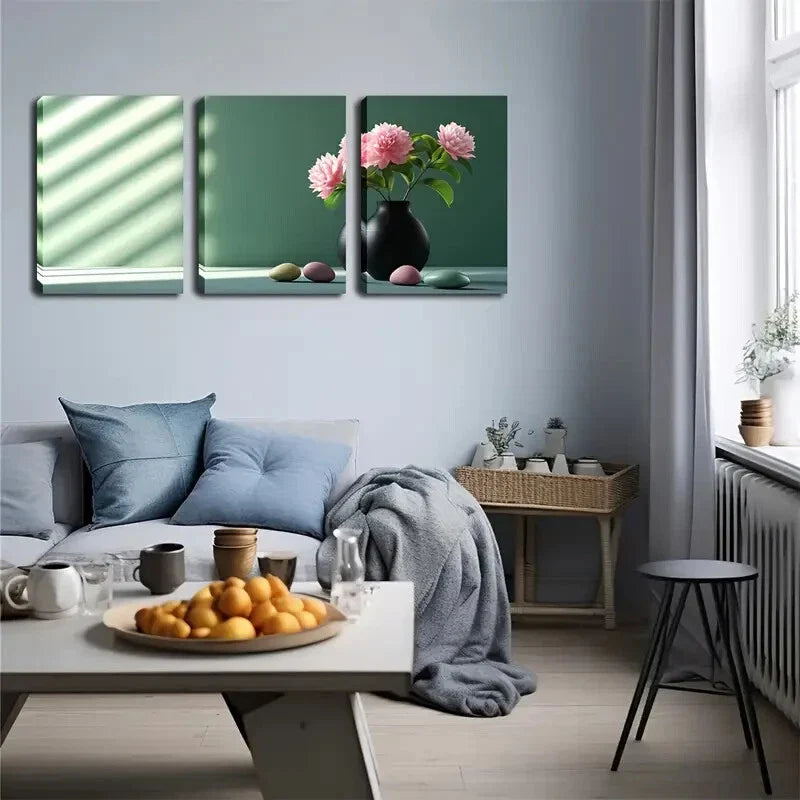 3pcs Sun Windowsill Peony Vase Realistic Perfect Wall Art Set Canvas Framed 40x60cm - High Quality Print 100% Australian Made Wall Canvas Ready to Hang