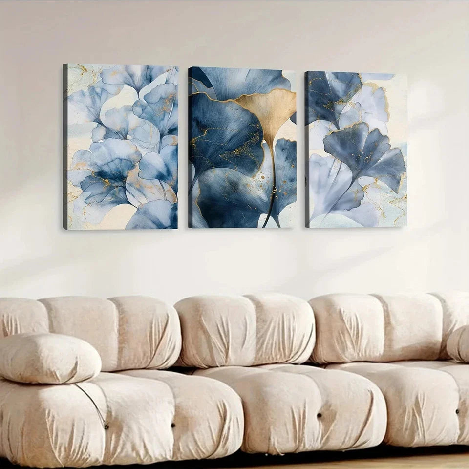 3pcs Blue Botanical Blue Leaves Abstract Wall Art Set Canvas Framed 40x60cm - High Quality Print 100% Australian Made Wall Canvas Ready to Hang