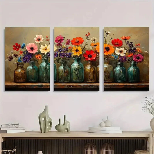 3pcs A Charming Arran Ent Of Colorful Flowers Metal Print Ready to Hang Art