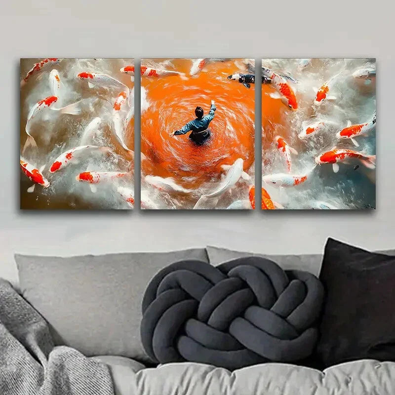 3pcs Fisherman, Koi Metal Print Ready to Hang Art