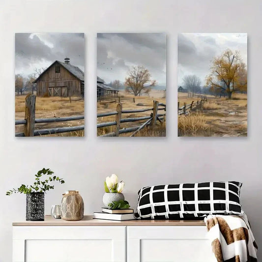 3pcs Rustic Farmhouse Autumn Landscape Serene Metal Print Ready to Hang Art