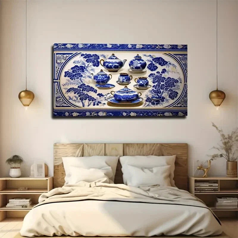 Chinese Blue And White Wall Art Canvas Office Home Room Framed 80x45cm