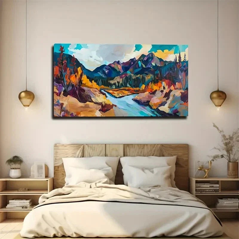 Vibrant Landscape River Scene Wall Art Canvas Office Home Room Framed 120x60cm