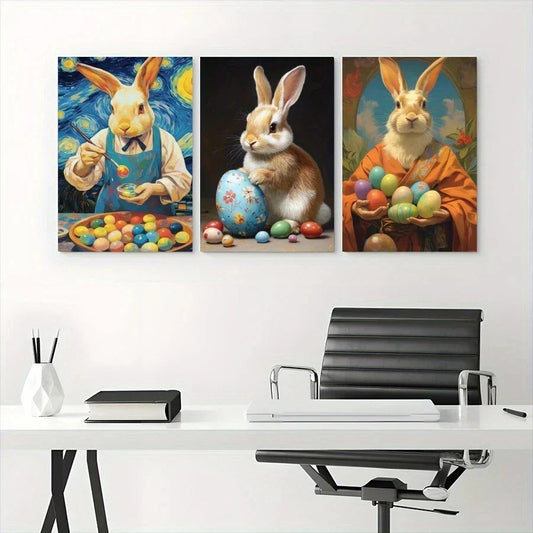 3pcs King Bunny Eating Sweets Colourful Eggs Metal Print Ready to Hang Art