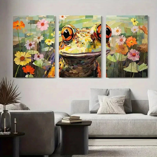 3pcs Colorful Mosaic Frog with Flowers Metal Print Ready to Hang Art