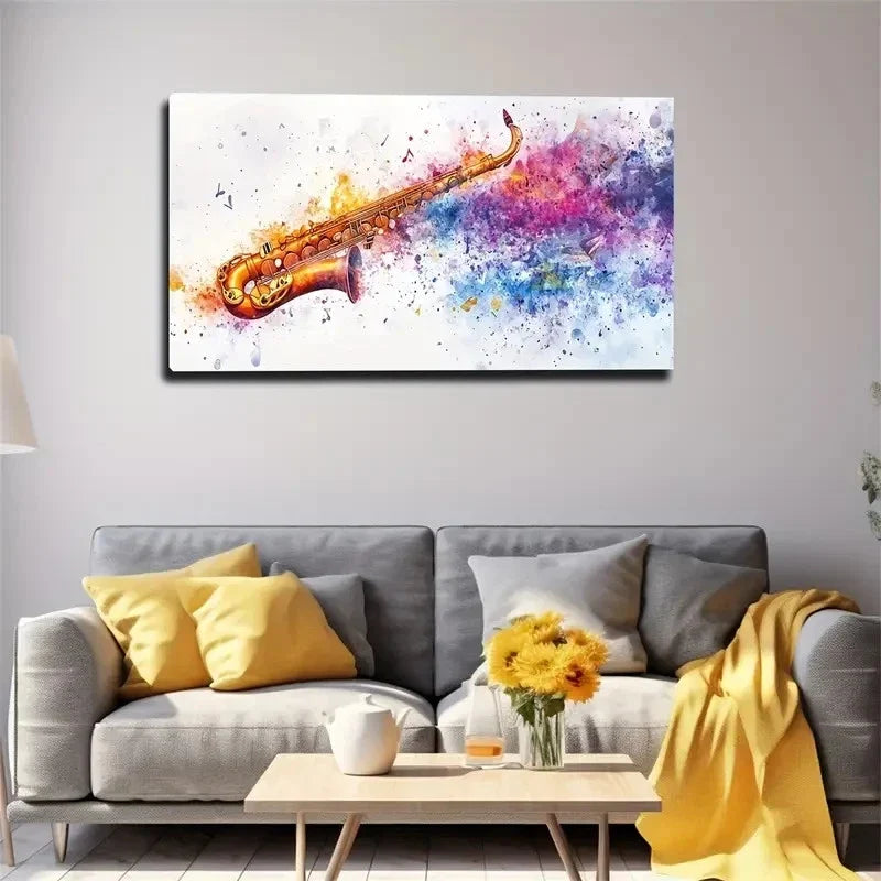 Golden Saxophone Musical Notes Wall Art Canvas Office Home Room Framed 80x45cm