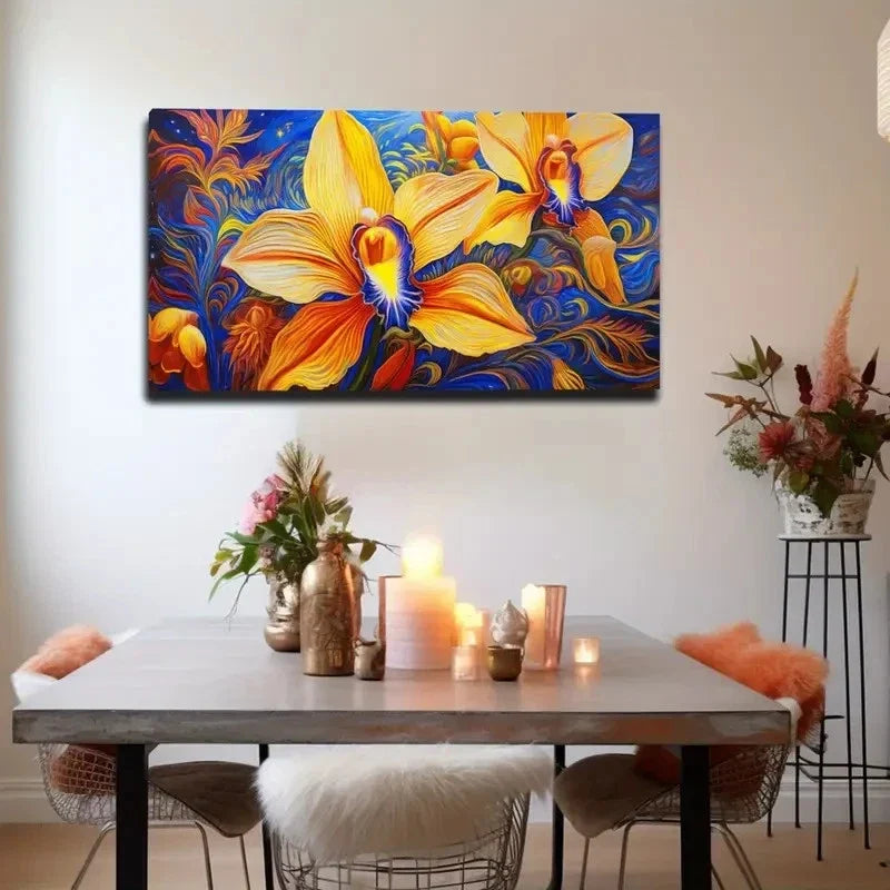 Vibrant Yellow Orchid Wall Art Canvas Office Home Room Framed 80x45cm