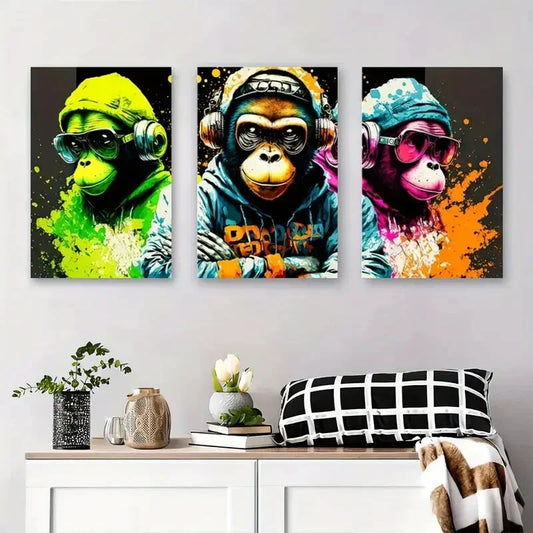 3pcs Colorful Monkeys with Headphones and Fashion Metal Print Ready to Hang Art