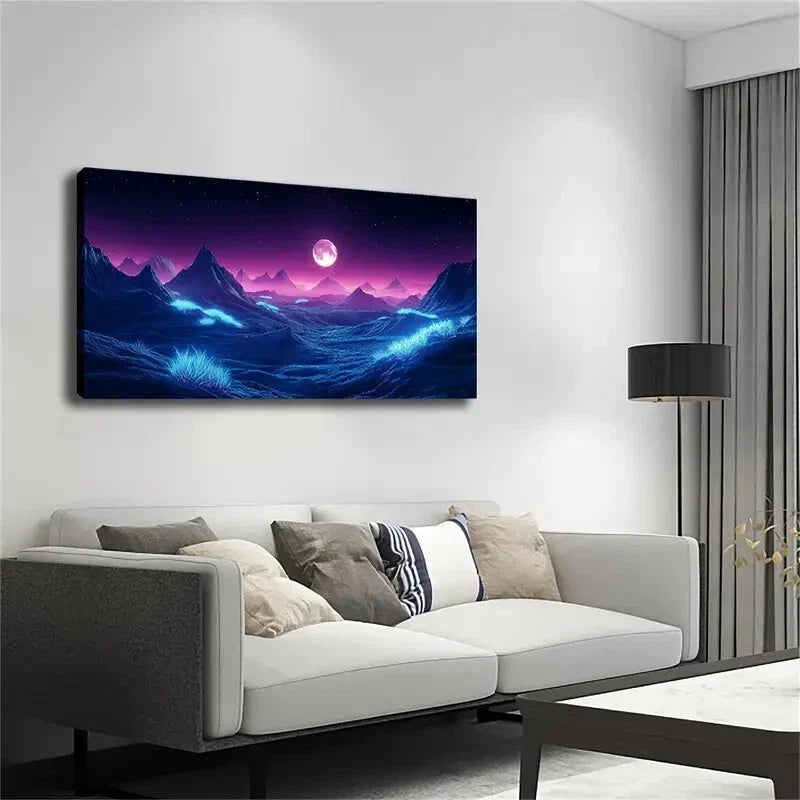 Minimalist Purple Night Sky Wall Art Canvas Office Home Room Framed 80x45cm