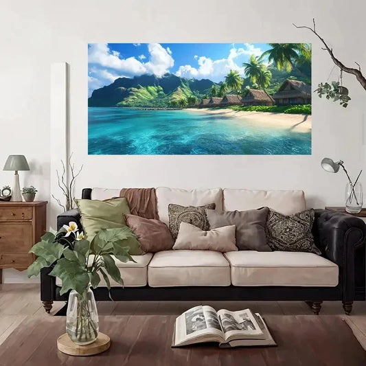 Tropical Paradise Palm Trees Wall Art Canvas Office Home Room Framed 80x45cm