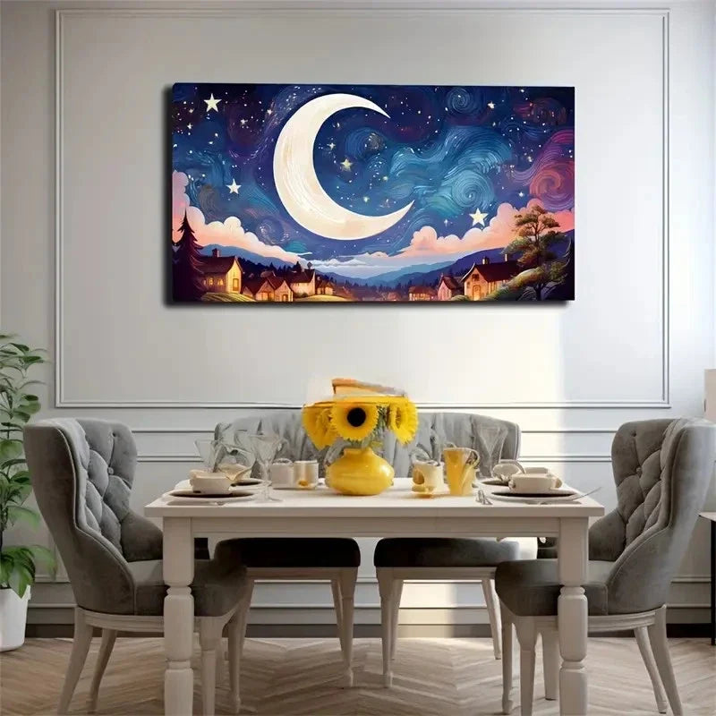 Moon Sky Suitable Curved Wall Art Canvas Office Home Room Framed 120x60cm