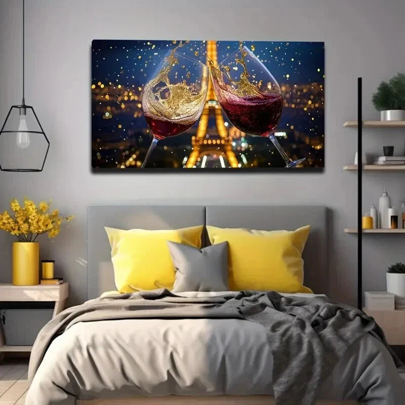 Romantic Eiffel Tower Wine Wall Art Canvas Office Home Room Framed 120x60cm