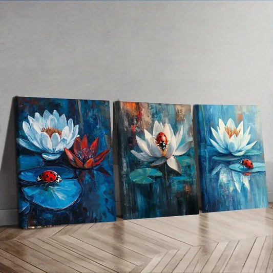 3pcs Ladybugs on Water Lilies Dark Blue Perfect Wall Art Set Canvas Framed 40x60cm - High Quality Print 100% Australian Made Wall Canvas Ready to Hang