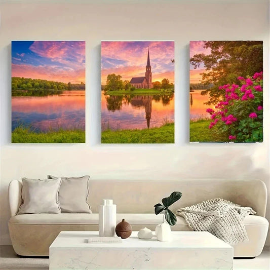 3pcs A Beautiful Sunset Over a Lake Metal Print Ready to Hang Art