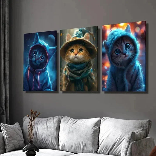 3pcs Cute Cat art Wearing Clothes Wall Art Set Canvas Framed 40x60cm - High Quality Print 100% Australian Made Wall Canvas Ready to Hang