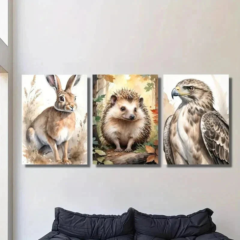 3pcs Aesthetic Watercolor Rabbit Hedgehog Eagle Wall Art Set Canvas Framed 40x60cm - High Quality Print 100% Australian Made Wall Canvas Ready to Hang