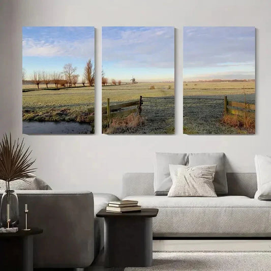 3pcs Tranquil Rural Field with Windmill, Nature Metal Print Ready to Hang Art