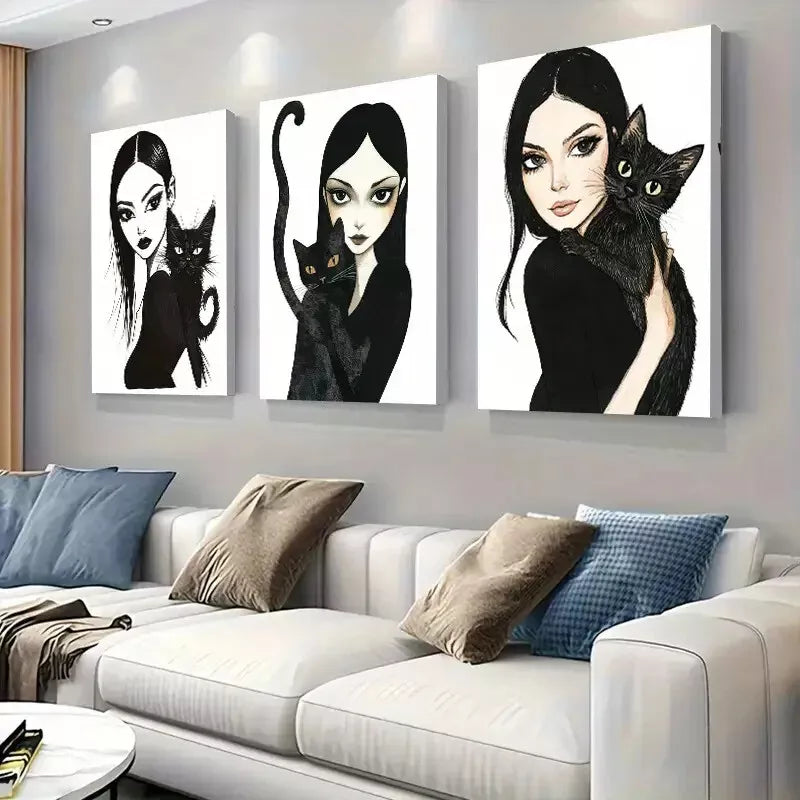 3pcs  Gothic Style Girl and Black Cat Triptych Wall Art Set Canvas Framed 40x60cm - High Quality Print 100% Australian Made Wall Canvas Ready to Hang