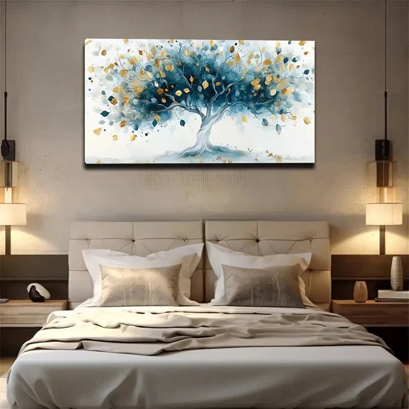 Blue and Golden Tree Abstract Wall Art Canvas Office Home Room Framed 120x60cm