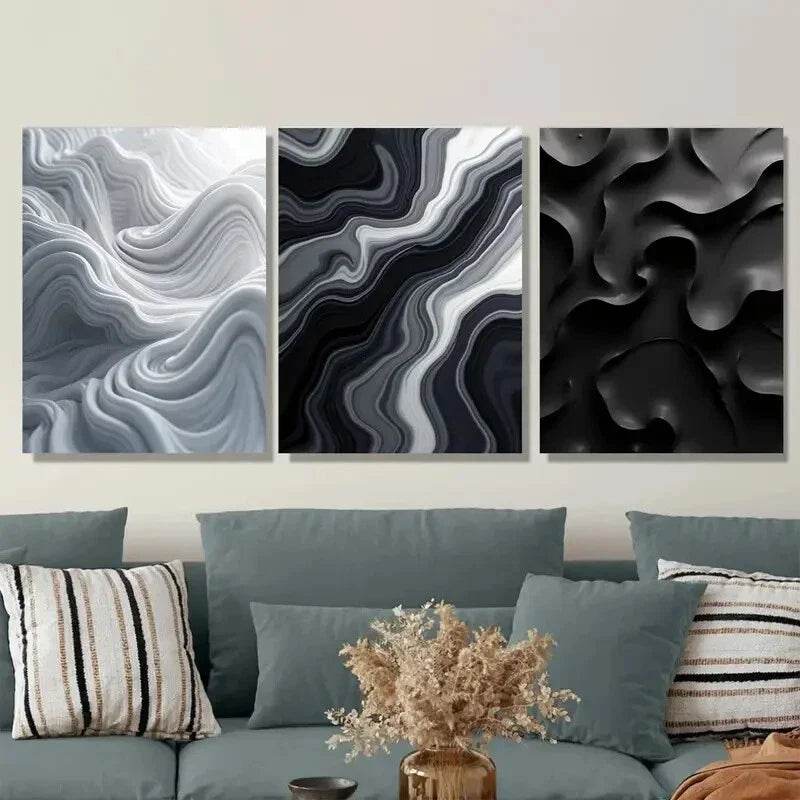 3pcs Abstract Agate Modern Black & White Metal Print Ready to Hang Art