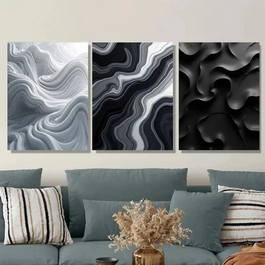 3pcs Abstract Agate Modern Black & White Metal Print Ready to Hang Art