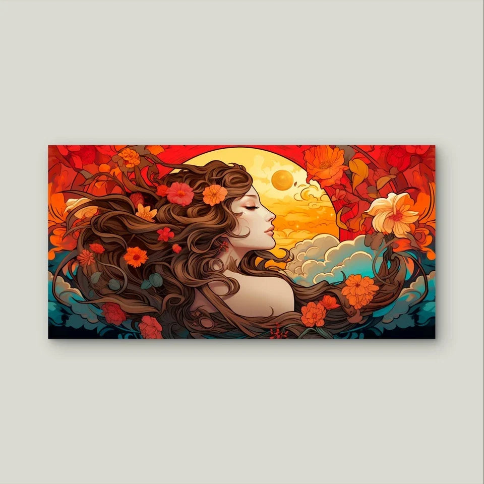 Warm Sunset and Floral Woman Wall Art Canvas Office Home Framed 120x60cm
