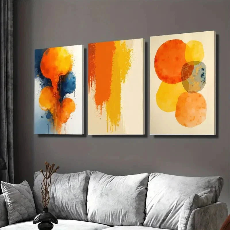 3pcs Modern Abstract Watercolor Vibrant Orange Wall Art Set Canvas Framed 40x60cm - High Quality Print 100% Australian Made Wall Canvas Ready to Hang