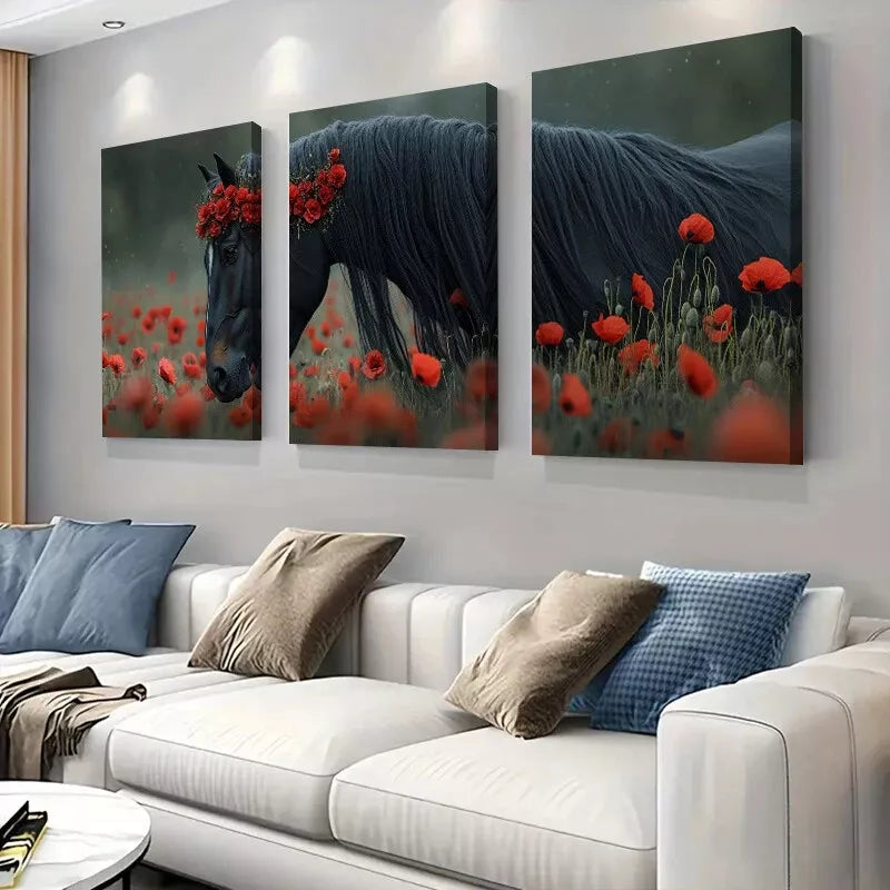 3pcs  Elegant Poppy Field Majestic Black Horse Wall Art Set Canvas Framed 40x60cm - High Quality Print 100% Australian Made Wall Canvas Ready to Hang