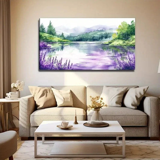 Purple Flower Lake View Wall Art Canvas Office Home Room Framed 120x60cm.