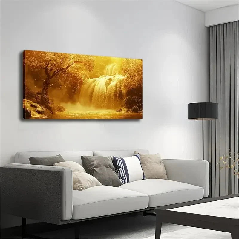 Golden Sunlit Waterfall Lands Wall Art Canvas Office Home Room Framed 120x60cm
