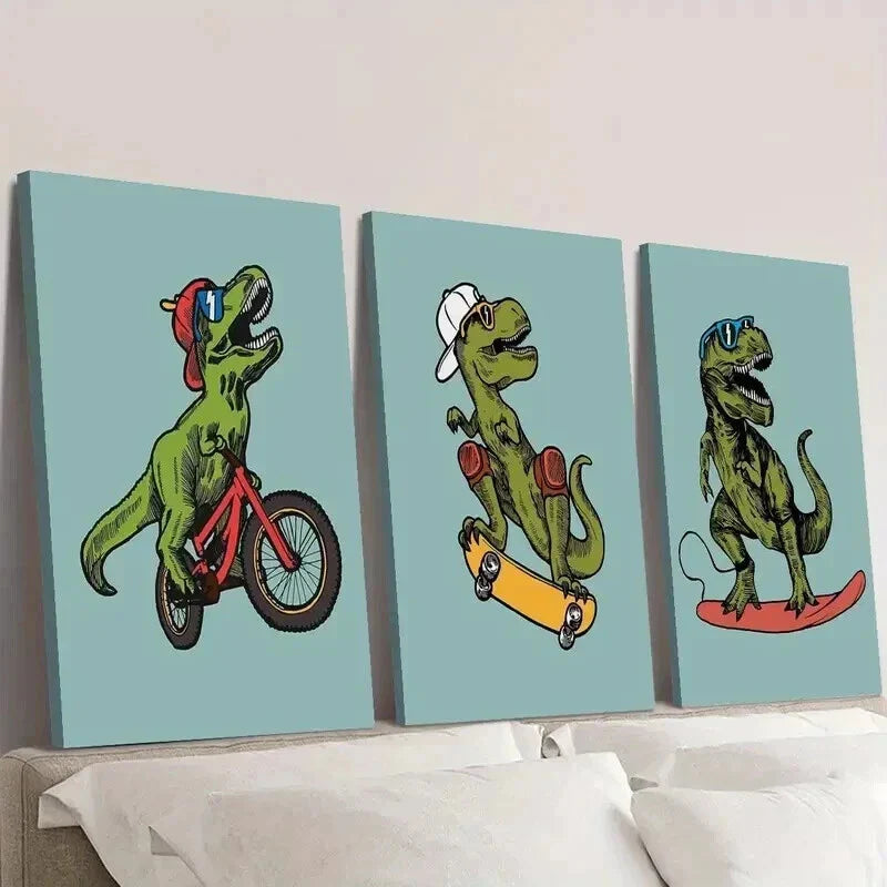 3pcs Tyrannosaurus Rex Skateboarding and Riding Wall Art Set Canvas Framed 40x60cm - High Quality Print 100% Australian Made Wall Canvas Ready to Hang