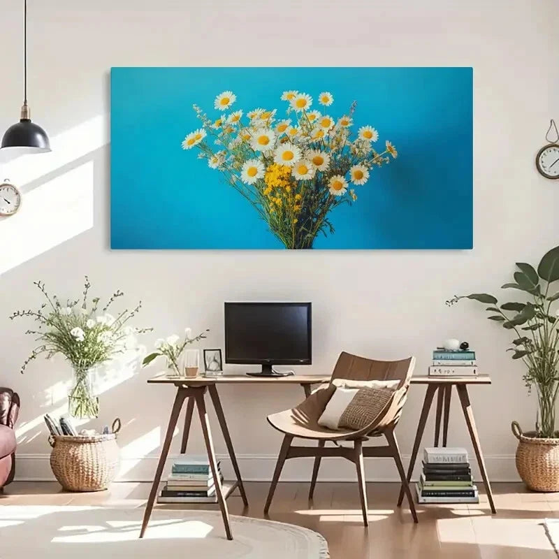 Daisies in Vase Deco Floral Wall Art Canvas Office Home Room Framed 80x45cm