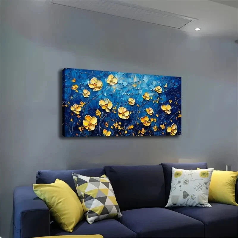 Realistic Yellow Flowers Dark Wall Art Canvas Office Home Room Framed 120x60cm