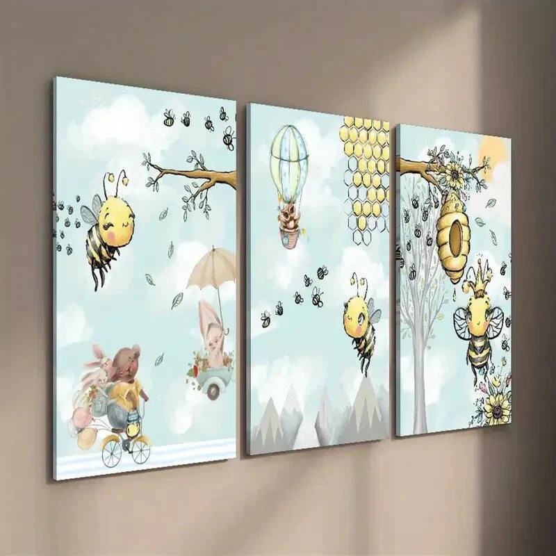 3pcs Rabbit Owl & Beehive Painting Wall Art Set Canvas Framed 40x60cm - High Quality Print 100% Australian Made Wall Canvas Ready to Hang