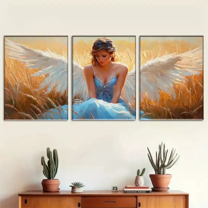 3pcs  Ethereal Angel in Wheat Field Triptych Wall Art Set Canvas Framed 40x60cm - High Quality Print 100% Australian Made Wall Canvas Ready to Hang