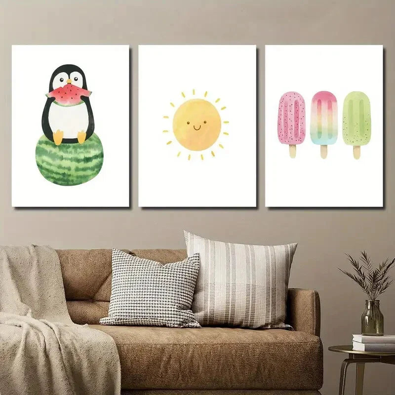3pcs Baby Penguin on Watermelon Summer Popsicle Wall Art Set Canvas Framed 40x60cm - High Quality Print 100% Australian Made Wall Canvas Ready to Hang