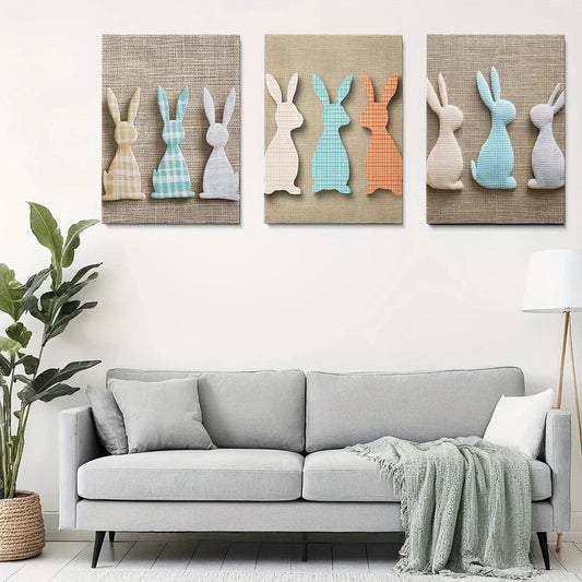 3pcs White Blue & Orange Bunnies Elegant Metal Print Ready to Hang Art