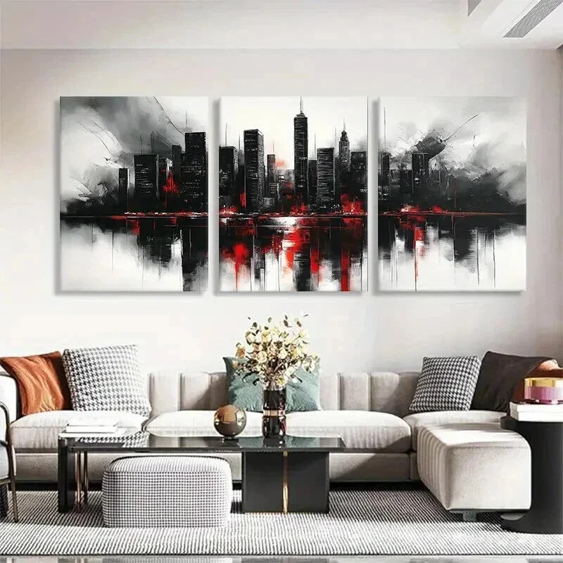 3pcs Red and Black Abstract Cityscape Perfect Wall Art Set Canvas Framed 40x60cm - High Quality Print 100% Australian Made Wall Canvas Ready to Hang