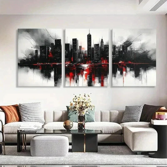3pcs Red and Black Abstract Cityscape Perfect Wall Art Set Canvas Framed 40x60cm - High Quality Print 100% Australian Made Wall Canvas Ready to Hang