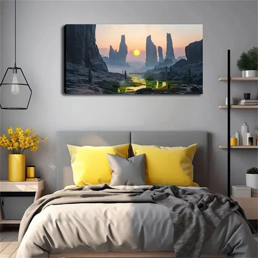 Serene Mountain River Sunset Wall Art Canvas Office Home Room Framed 120x60cm
