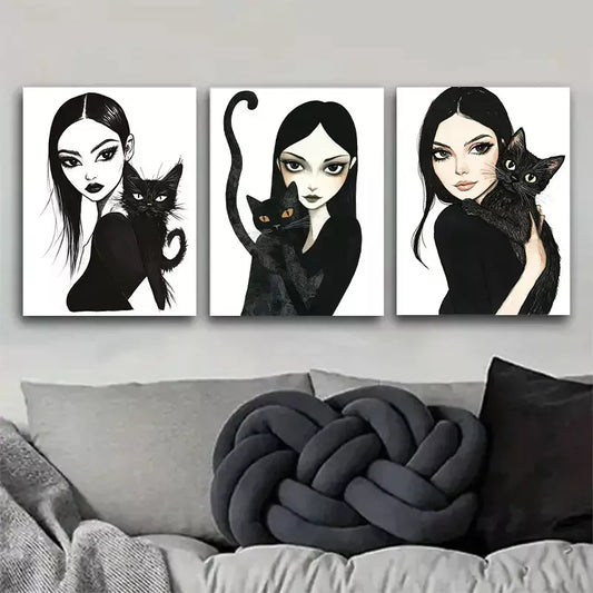 3pcs  Gothic Style Girl and Black Cat Triptych Wall Art Set Canvas Framed 40x60cm - High Quality Print 100% Australian Made Wall Canvas Ready to Hang