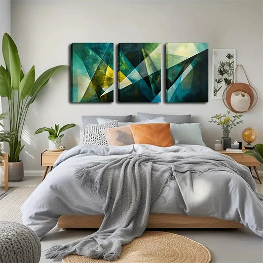 3pcs Crystal Design in Green & Yellow Wall Art Set Canvas Framed 40x60cm - High Quality Print 100% Australian Made Wall Canvas Ready to Hang