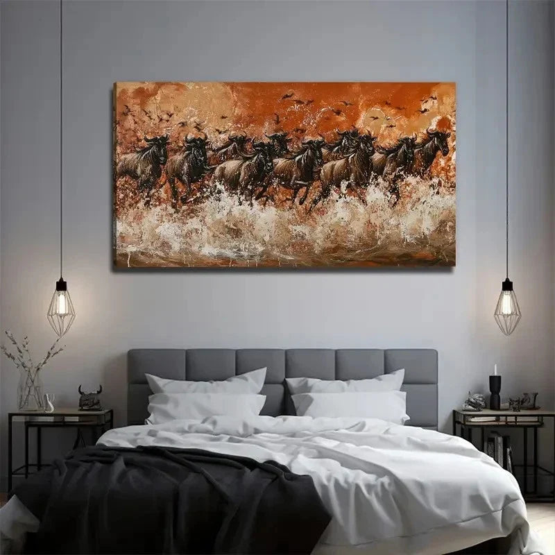 Wild Wildebeest Nature Wall Art Canvas Office Home Room Framed 120x60cm