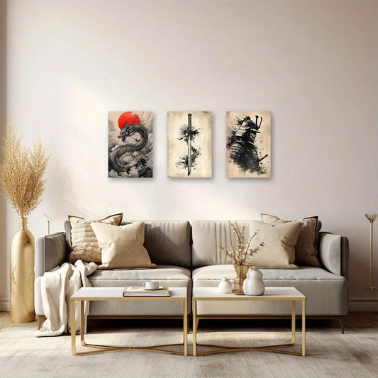 3pcs Samurai Katana with Dragon Metal Print Ready to Hang Art